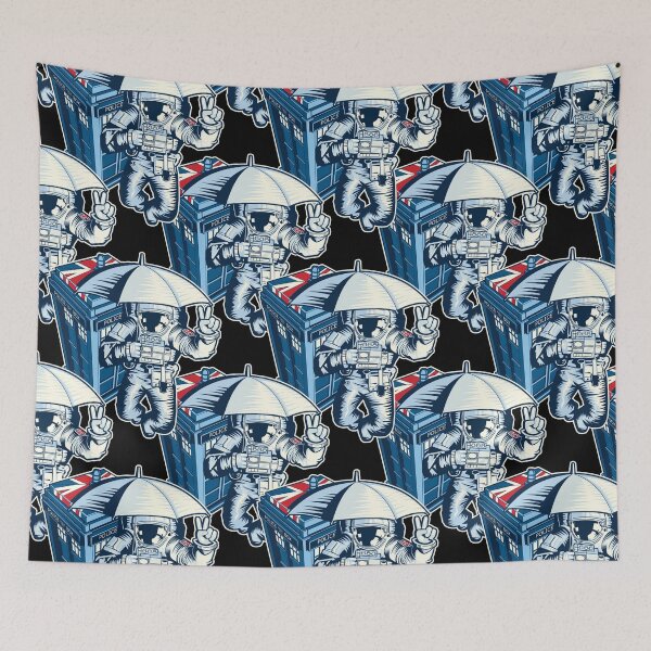 Item preview, British astronaut holding an umbrella in space near a police box designed and sold by robimerch.