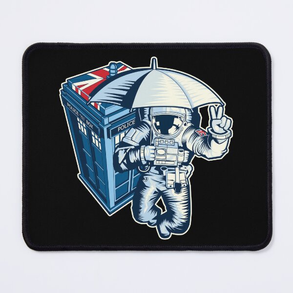 Item preview, British astronaut holding an umbrella in space near a police box designed and sold by robimerch.