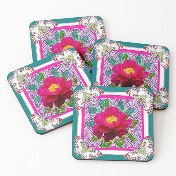 Item preview, FUCHSIA PEONY BUTTERFLIES TEAL PATTERN ART  designed and sold by sharlesart.
