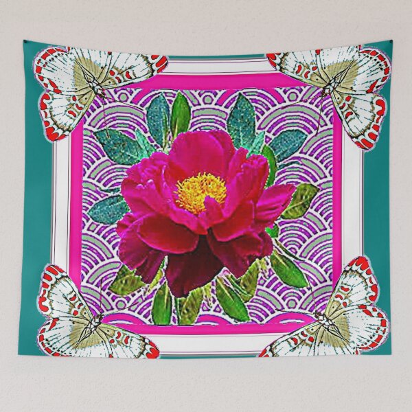 Item preview, FUCHSIA PEONY BUTTERFLIES TEAL PATTERN ART  designed and sold by sharlesart.