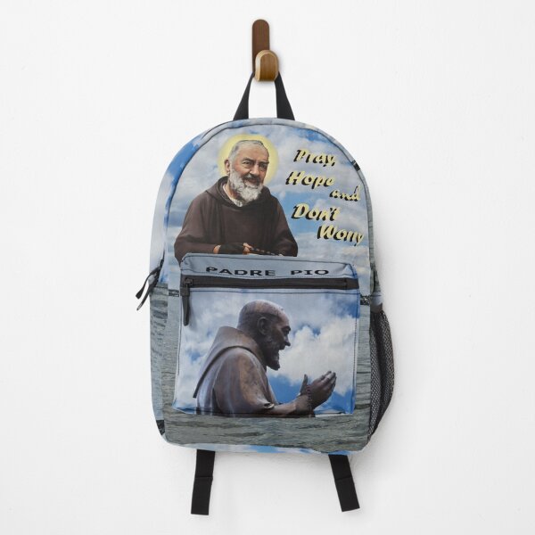Item preview, Padre Pio Pray Hope and Don't Worry (Sky and Lake background) Catholic Backpack designed and sold by Brasilia.