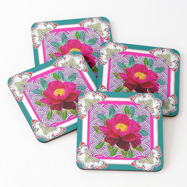 Item preview, FUCHSIA PEONY BUTTERFLIES TEAL PATTERN ART designed and sold by sharlesart.