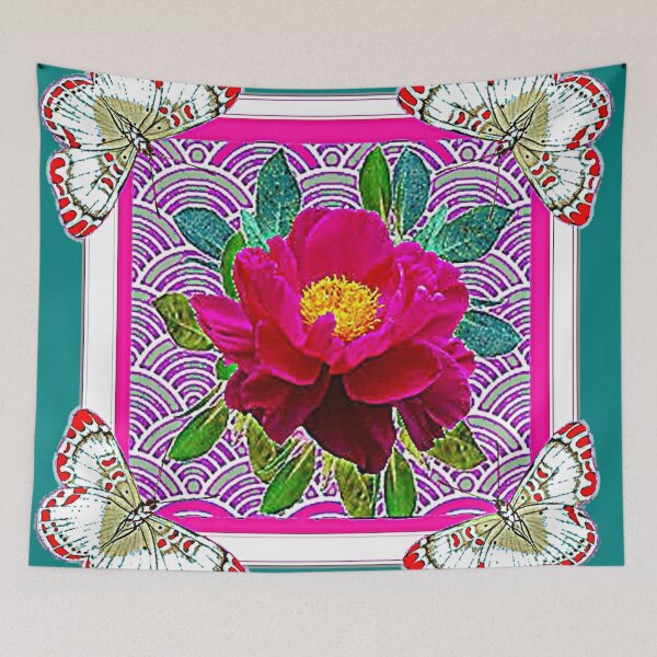 Item preview, FUCHSIA PEONY BUTTERFLIES TEAL PATTERN ART designed and sold by sharlesart.
