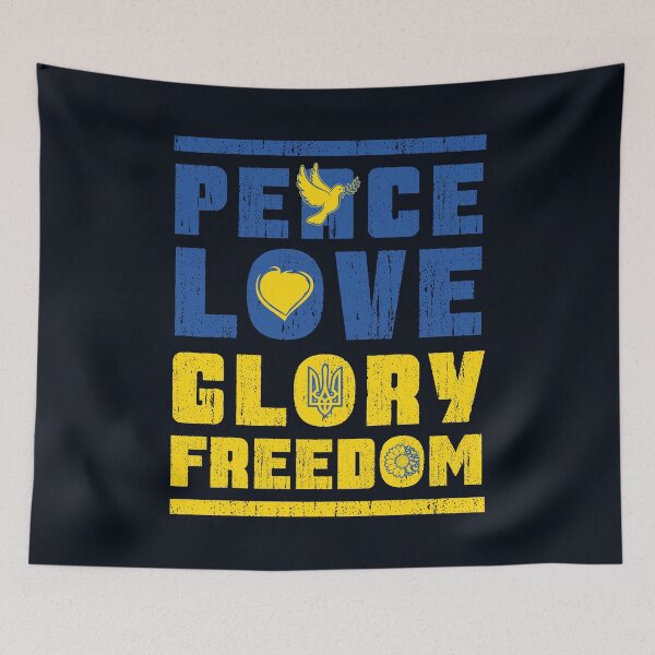 Item preview, Blue and Yellow Ukraine Flag Colors PEACE LOVE GLORY FREEDOM SLAVA UKRAINI Distressed Typographic Quote to Support Ukraine and Ukrainians designed and sold by zenturtlemerch.