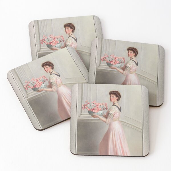 Item preview, Portrait of a lady in pink carrying a bowl of pink carnations by John Collier Remastered Xzendor7 Classical Art Old Masters Reproductions designed and sold by Xzendor7 Digital Art Creations.