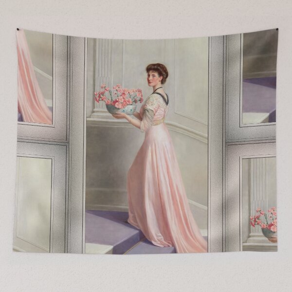 Item preview, Portrait of a lady in pink carrying a bowl of pink carnations by John Collier Remastered Xzendor7 Classical Art Old Masters Reproductions designed and sold by Xzendor7 Digital Art Creations.