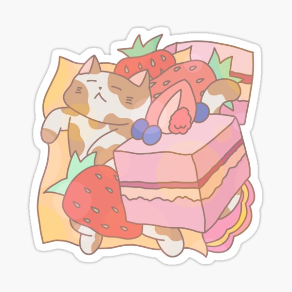 Kawaii Cat Eating a Slice of Strawberry Cake  Sticker for Sale by  Sereneluna