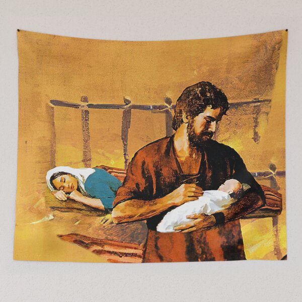 Item preview, St. Joseph holds baby Jesus while Mary sleeps. designed and sold by Brasilia.