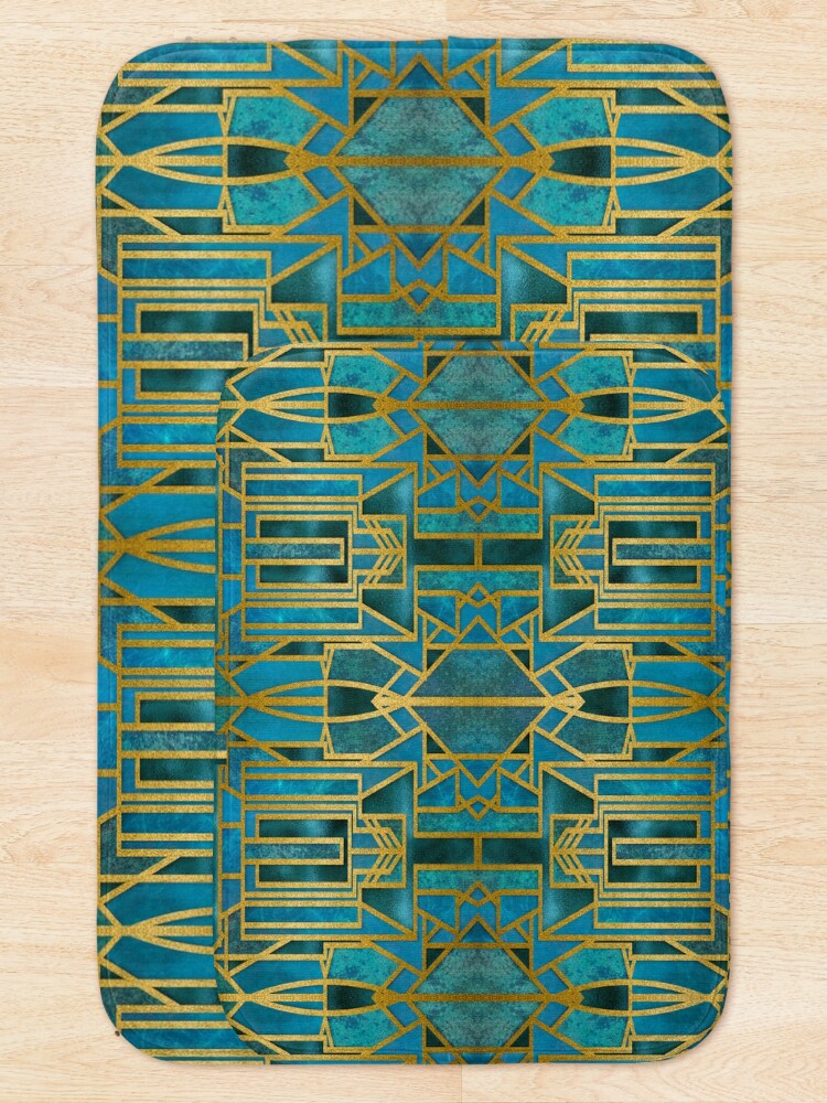 Alternate view of Elegant Retro Art Deco Pattern With Marble Elements In Teal And Gold Bath Mat