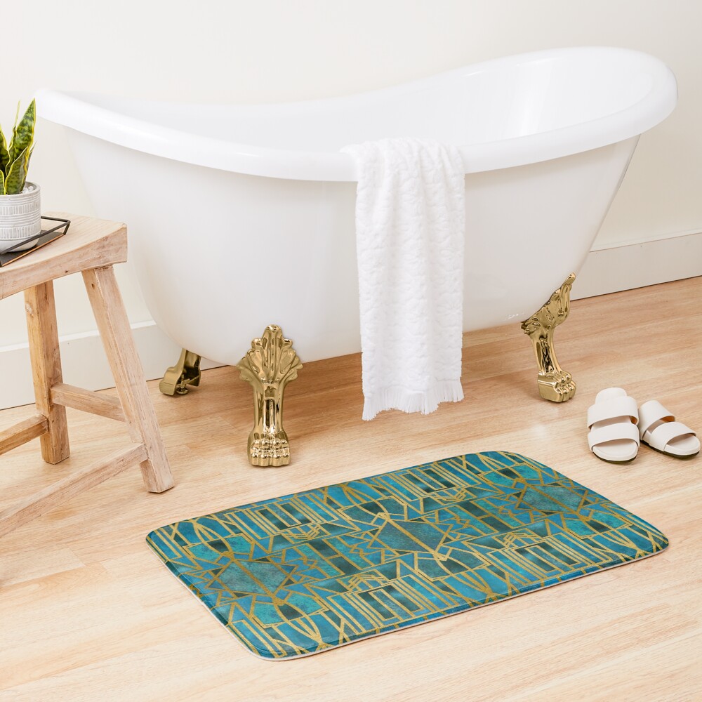 Elegant Retro Art Deco Pattern With Marble Elements In Teal And Gold Bath Mat
