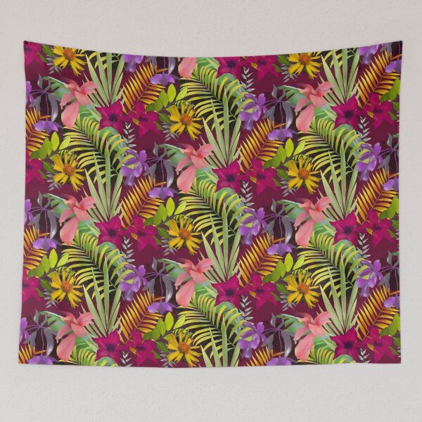 Item preview, Tropical islands flowers and foliage pattern with red background designed and sold by ZeinabTaha.