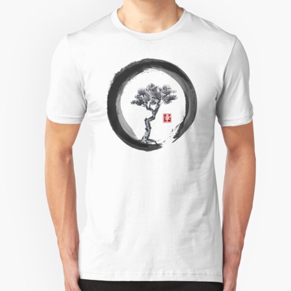 Japanese Pine Tree in Enso Zen Circle - Vintage Japanese Ink Slim Fit T-Shirt