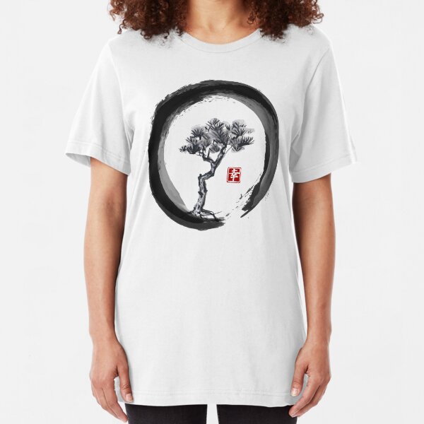 Japanese Pine Tree in Enso Zen Circle - Vintage Japanese Ink Slim Fit T-Shirt