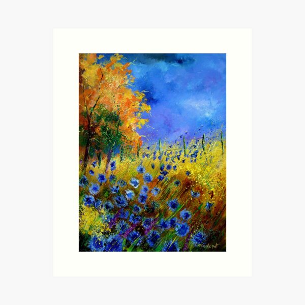 Blue cornflowers and orangetree Art Print
