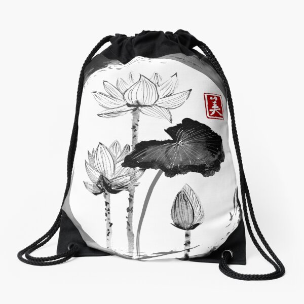 Lotus Flower - Traditional Japanese Ink Painting on Vintage Rice Paper Drawstring Bag