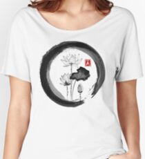 Lotus Flower - Traditional Japanese Ink Painting on Vintage Rice Paper Women's Relaxed Fit T-Shirt