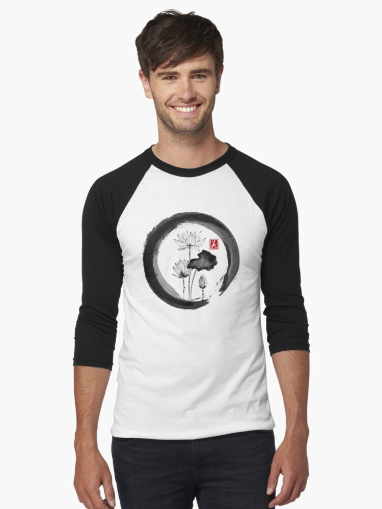 Aperçu 1 sur 3. T-shirt baseball manches ¾ avec l'œuvre Lotus Flower - Peinture à l'encre traditionnelle japonaise sur papier de riz Vintage créée et vendue par japanese-art.