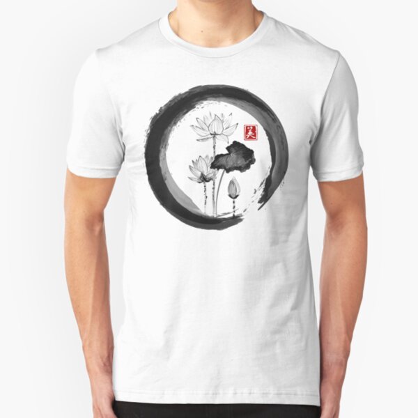 Lotus Flower - Traditional Japanese Ink Painting on Vintage Rice Paper Slim Fit T-Shirt