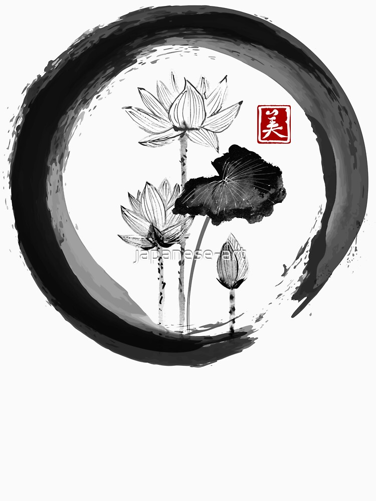 Aperçu 3 sur 3. T-shirt baseball manches ¾ avec l'œuvre Lotus Flower - Peinture à l'encre traditionnelle japonaise sur papier de riz Vintage créée et vendue par japanese-art.