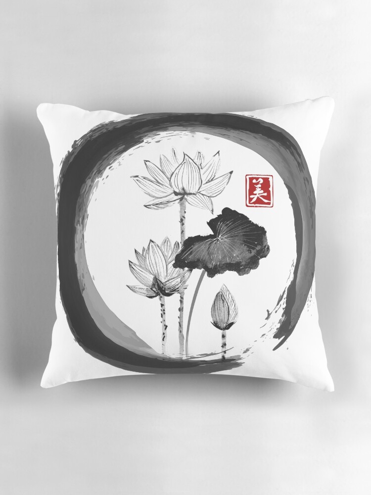 Lotus Flower Traditional Japanese Ink Painting on Vintage Rice Paper Pillow for Sale by japanese art Redbubble