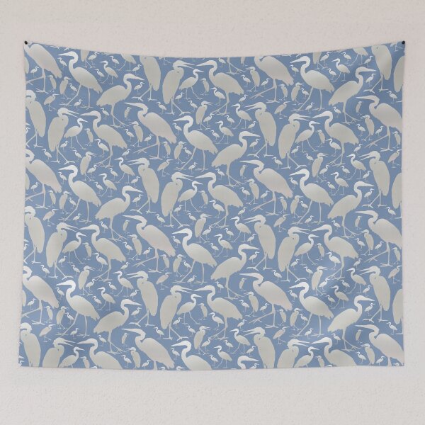 Item preview, Blue Heron Silver on Medium Blue Half-drop Repeat 5748 designed and sold by Art in My Loft.