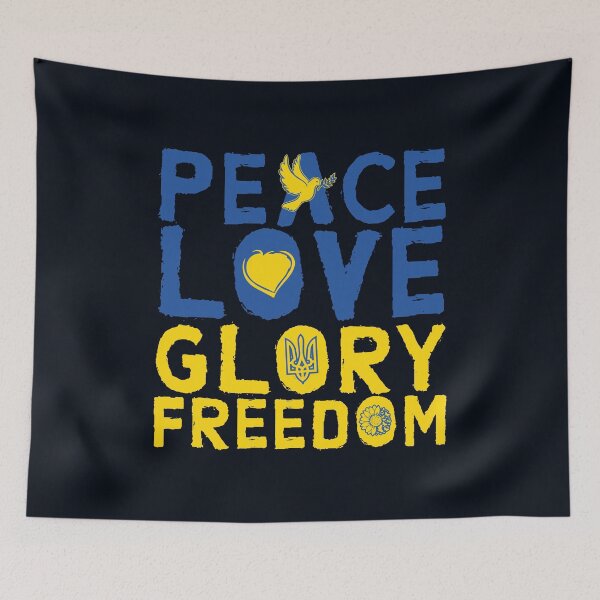 Item preview, Distressed Blue Yellow Ukraine Flag Colors PEACE LOVE GLORY FREEDOM SLAVA UKRAINI Typographic Quote to Support Ukraine and Ukrainians Souvenir designed and sold by zenturtlemerch.