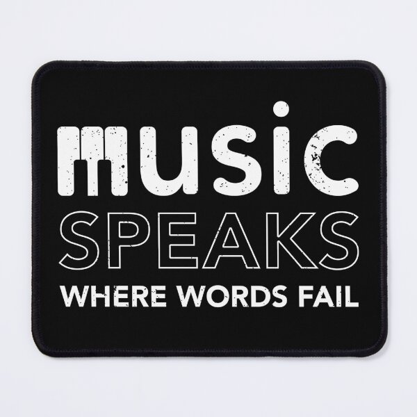 Item preview, Where Words Fail Music Speaks quote with piano negative space distressed typography designed and sold by Happy Puppy Print On Demand.