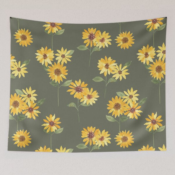 Item preview, Watercolor sunflowers on dark sage green designed and sold by Ashleigh Fish.