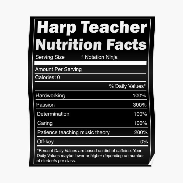 "Music Teacher Gift - Funny Nutrition Facts Harp Teacher" Poster for