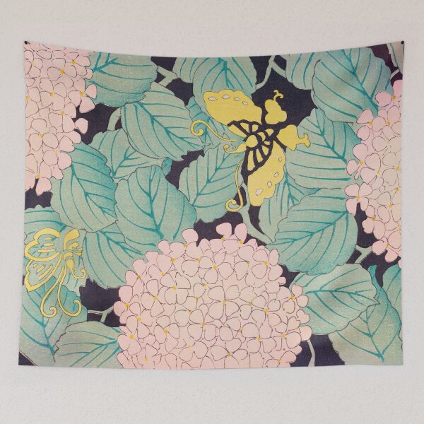 Item preview, Butterflies on Pink Hydrangea Vintage Japanese Print designed and sold by VintageArchive.