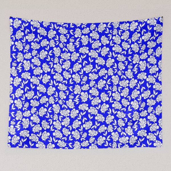 Item preview, Tossed Roses White on Blue Half-drop Repeat 5748 designed and sold by Art in My Loft.