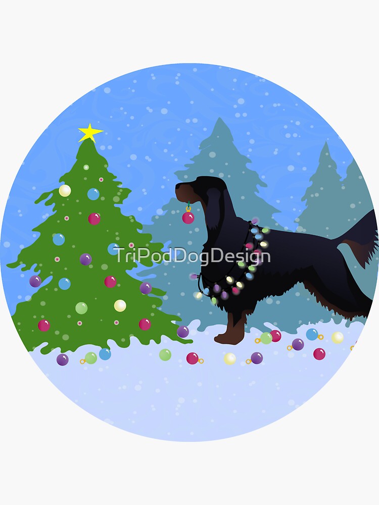 Gordon Setter Dog Decorating Christmas Tree in the Forest by TriPodDogDesign