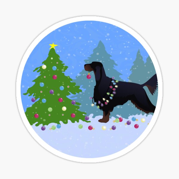 Gordon Setter Dog Decorating Christmas Tree in the Forest Sticker