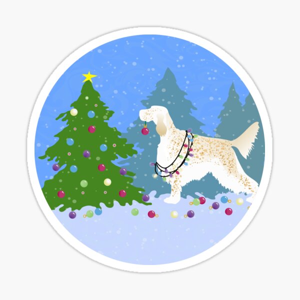 English Setter Dog Decorating Christmas Tree in the Forest Sticker