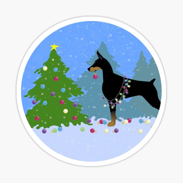 Doberman Pinscher Dog Decorating Christmas Tree in the Forest Sticker