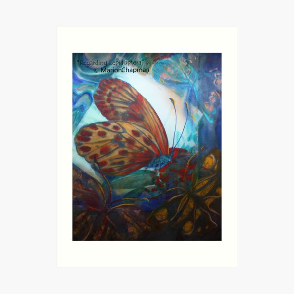 Mixed media Regarding Lepidoptera - Contrasting orange butterfly in watercolour on a blue beautiful background Art Print