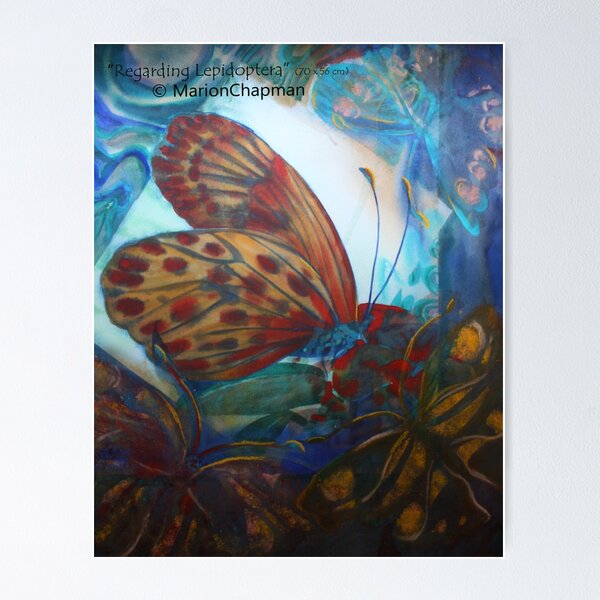 Mixed media Regarding Lepidoptera - Contrasting orange butterfly in watercolour on a blue beautiful background Poster
