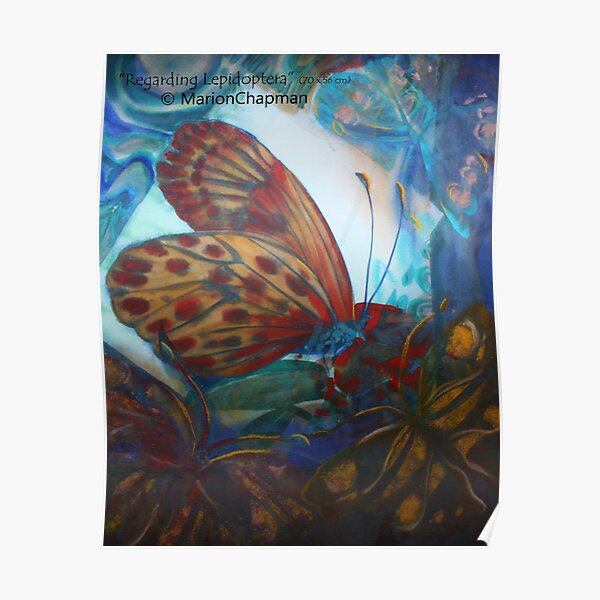 Mixed media Regarding Lepidoptera - Contrasting orange butterfly in watercolour on a blue beautiful background Poster