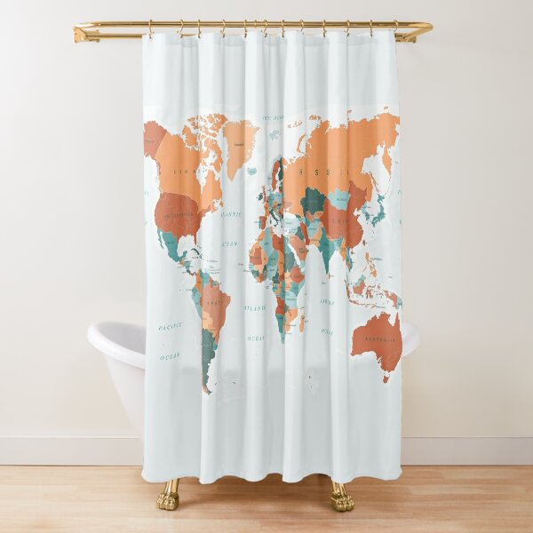 Discover Map of the World in Burnt Orange and Teal Shower Curtain