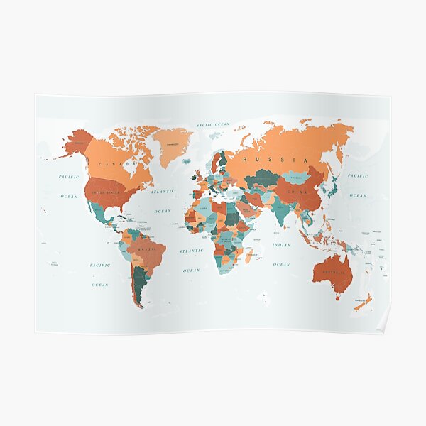 Carte du monde en orange brûlé et sarcelle Poster