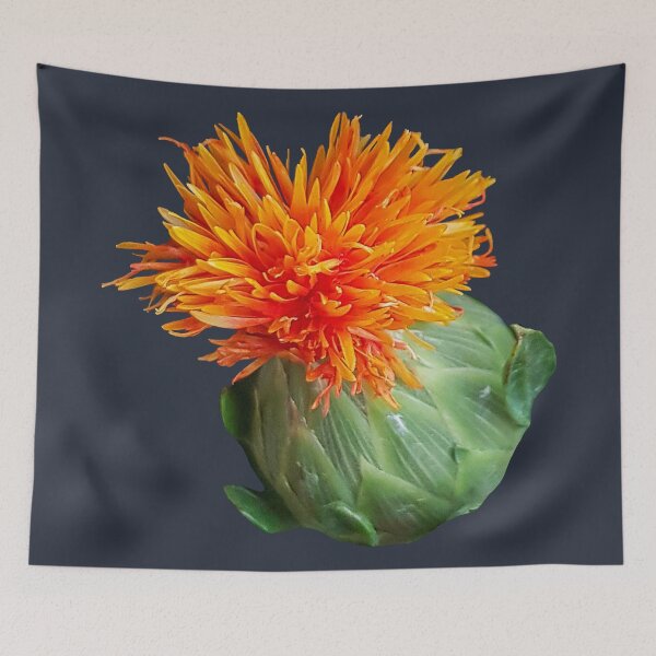 Item preview, Safflower Orange and Green on Dark Blue Square designed and sold by ellenhenry.