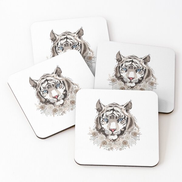 Aperçu de l'œuvre Tigre blanc aquarelle et roses créée et vendue par HappyLifeCreate.