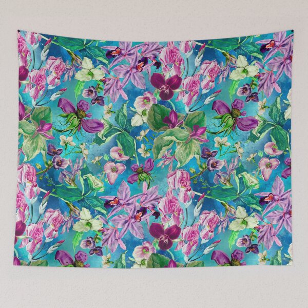 Artikelvorschau, Exotischer verträumter Blumenhimmel, botanische Illustration, Blumenmuster, blau-türkises Blumenmuster entworfen und verkauft von ZeinabTaha.