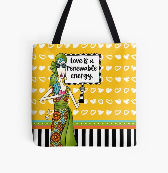 Love is a renewable energy. Funny dolly mama Reusable All Over Print Tote Bag