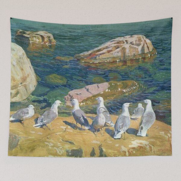 Item preview, Serenity by the Shore: A Group of Seagulls on a Rocky Beach designed and sold by SweetMySpot.