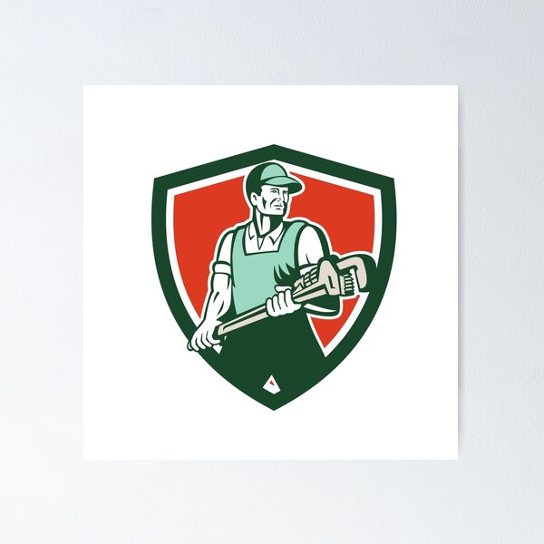 Item preview, Plumber Holding Giant Wrench Retro Shield designed and sold by patrimonio.
