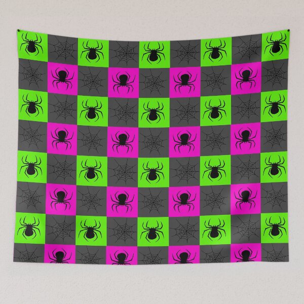 Item preview, Hot pink, green ,grey and black checkered with spiders and webs designed and sold by DemonicGloom.