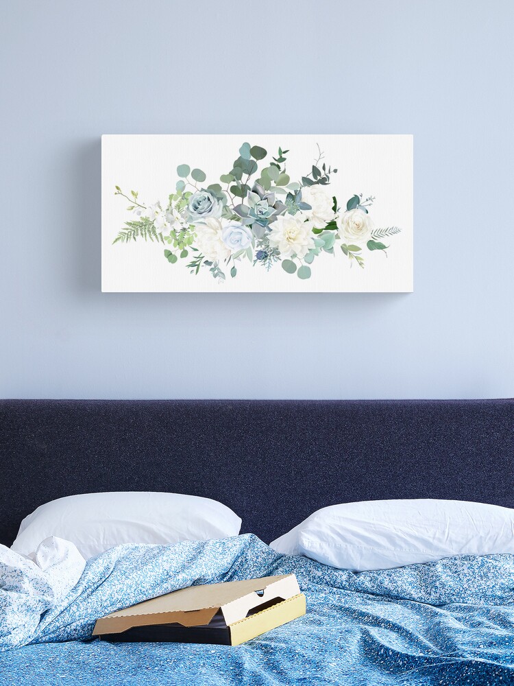 Silver sage green, mint, blue, white flowers vector design spring bouquet.  | Art Board Print