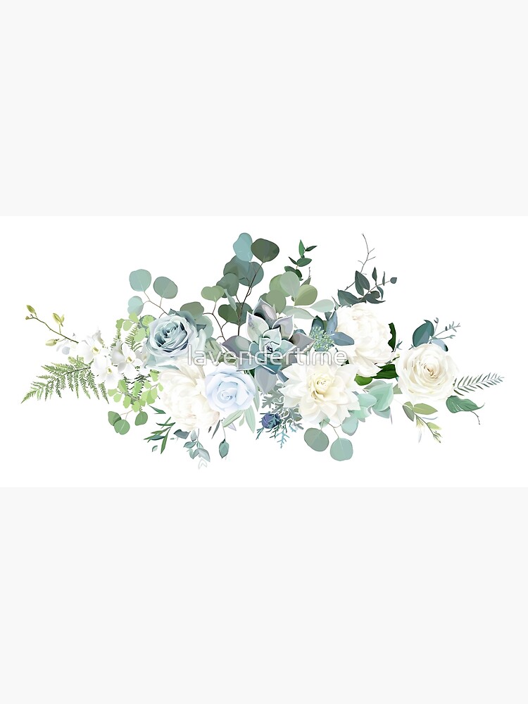 Silver sage green, mint, blue, white flowers vector design spring bouquet.  | Art Print