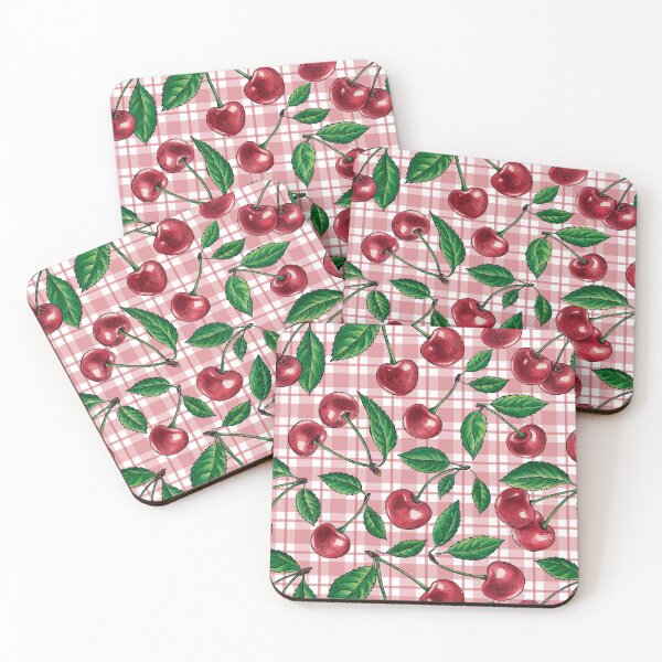 Item preview, Red cherries on pink gingham designed and sold by Katerina Mitkova Kirilova.